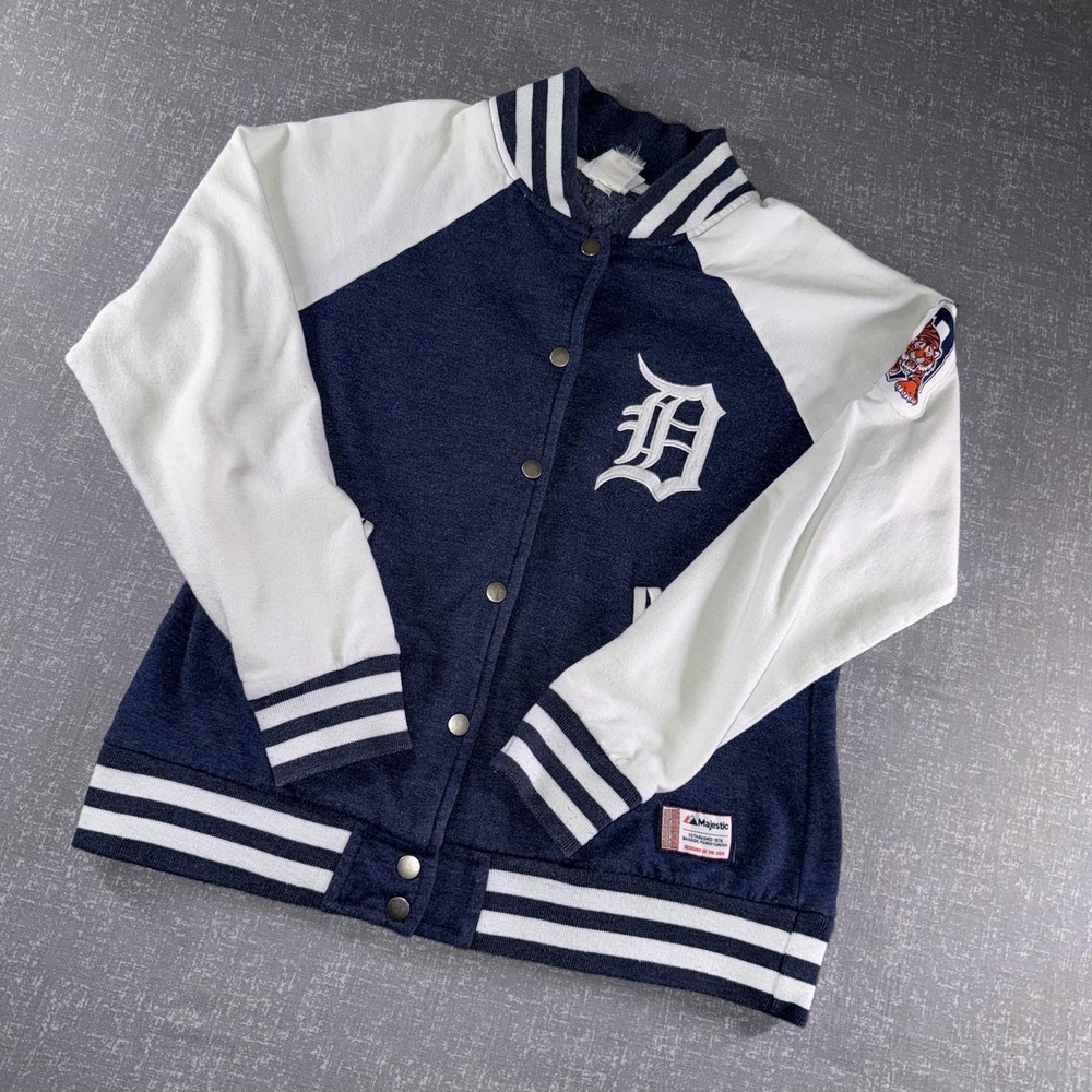 Majestic Navy and White Varsity Jacket with Detroit D